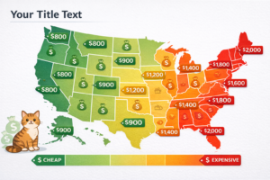 USA map showing cat vet costs by state 2026, color coded from cheap green $800 states to expensive red $2000 states like California and New York