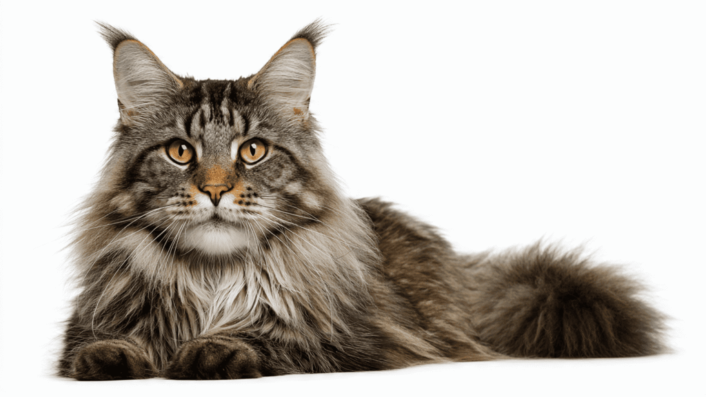 Large fluffy Maine Coon cat with tufted ears and golden eyes sitting on pure white background, 16:9 landscape format