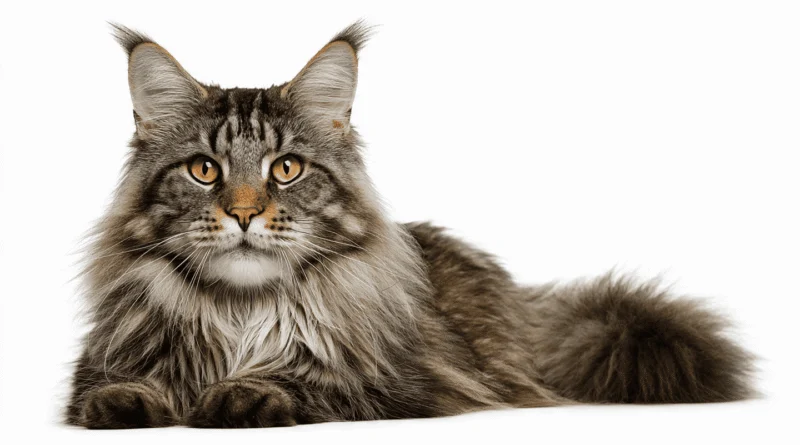 Large fluffy Maine Coon cat with tufted ears and golden eyes sitting on pure white background, 16:9 landscape format