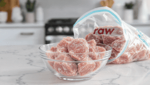 Frozen raw cat food patties in glass bowl with raw labeled ziplock bag on marble kitchen counter 2026