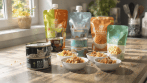 Canned and pouch wet cat food with small white bowls on wooden kitchen table in sunlight 2026