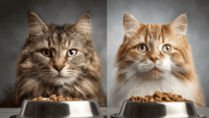 wet vs dry cat food 2026 split screen comparison of dehydrated cat with dull coat next to empty dry kibble bowl versus healthy hydrated cat with glossy shiny coat next to wet food bowl with water droplets