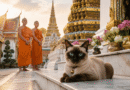 A seal-point Siamese temple cat with bright blue eyes and a bell collar resting on marble steps at Wat Pho Buddhist temple in Bangkok Thailand during golden hour sunrise, with two Buddhist monks in orange robes and lotus flower offerings in background