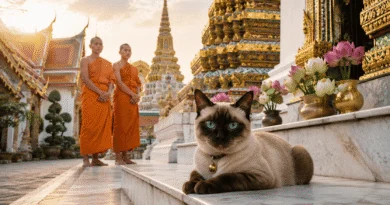 A seal-point Siamese temple cat with bright blue eyes and a bell collar resting on marble steps at Wat Pho Buddhist temple in Bangkok Thailand during golden hour sunrise, with two Buddhist monks in orange robes and lotus flower offerings in background