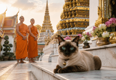 A seal-point Siamese temple cat with bright blue eyes and a bell collar resting on marble steps at Wat Pho Buddhist temple in Bangkok Thailand during golden hour sunrise, with two Buddhist monks in orange robes and lotus flower offerings in background