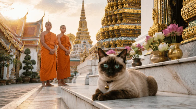 A seal-point Siamese temple cat with bright blue eyes and a bell collar resting on marble steps at Wat Pho Buddhist temple in Bangkok Thailand during golden hour sunrise, with two Buddhist monks in orange robes and lotus flower offerings in background