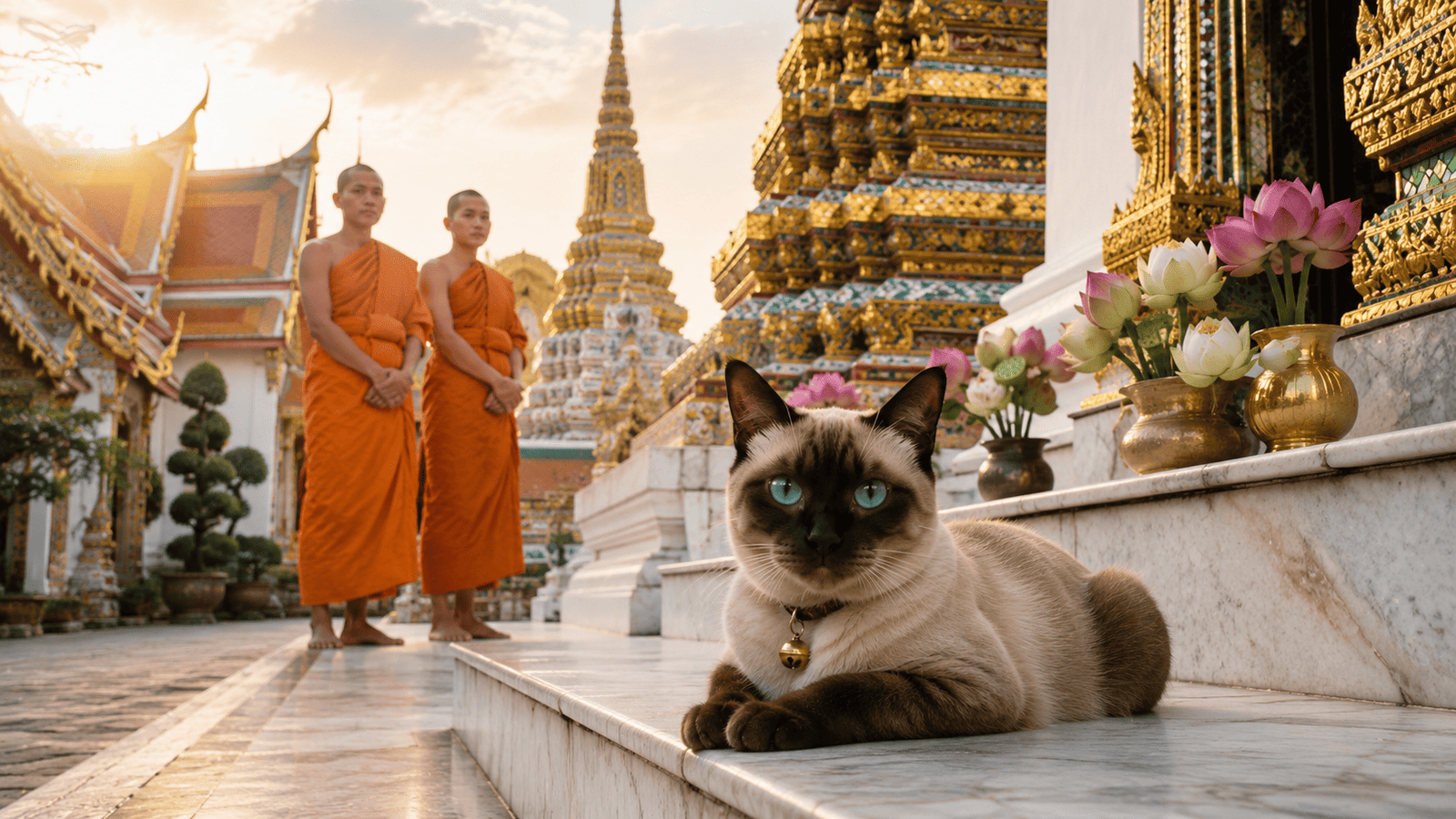 A seal-point Siamese temple cat with bright blue eyes and a bell collar resting on marble steps at Wat Pho Buddhist temple in Bangkok Thailand during golden hour sunrise, with two Buddhist monks in orange robes and lotus flower offerings in background