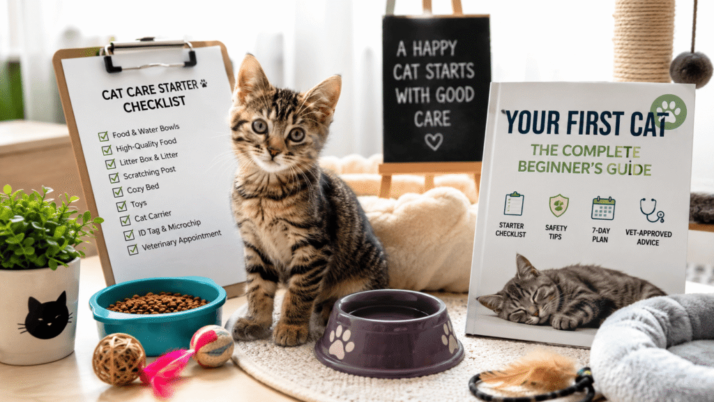 A first-time cat owner's setup featuring a young tabby kitten with food and water bowls, toys, a scratching post, a cozy bed, and essential cat care supplies in a bright home environment.