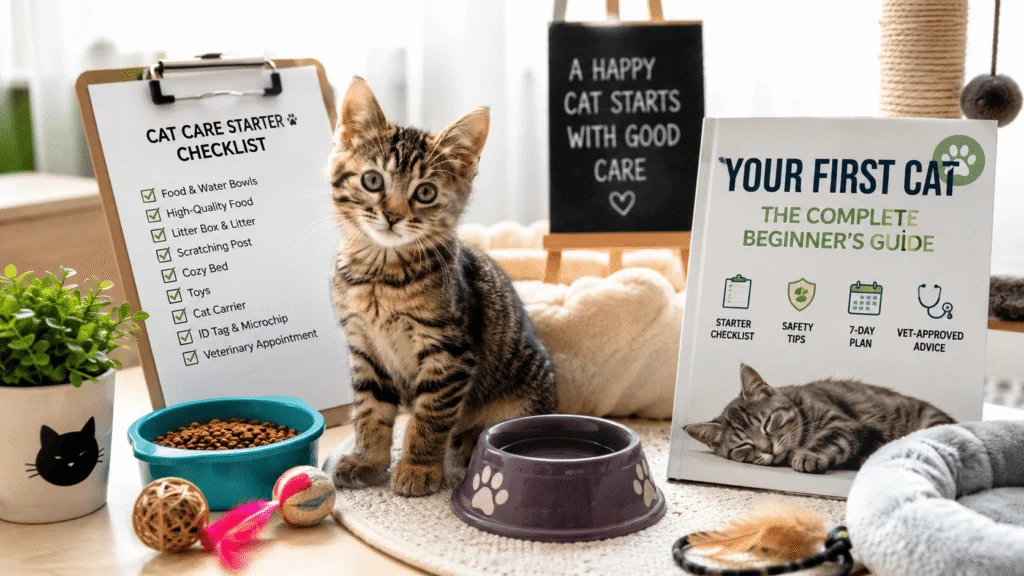 A first-time cat owner's setup featuring a young tabby kitten with food and water bowls, toys, a scratching post, a cozy bed, and essential cat care supplies in a bright home environment.