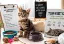 A first-time cat owner's setup featuring a young tabby kitten with food and water bowls, toys, a scratching post, a cozy bed, and essential cat care supplies in a bright home environment.