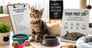 A first-time cat owner's setup featuring a young tabby kitten with food and water bowls, toys, a scratching post, a cozy bed, and essential cat care supplies in a bright home environment.