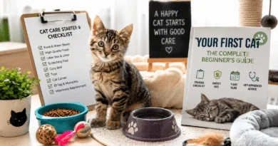 A first-time cat owner's setup featuring a young tabby kitten with food and water bowls, toys, a scratching post, a cozy bed, and essential cat care supplies in a bright home environment.