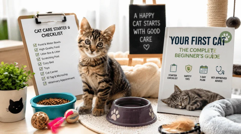A first-time cat owner's setup featuring a young tabby kitten with food and water bowls, toys, a scratching post, a cozy bed, and essential cat care supplies in a bright home environment.