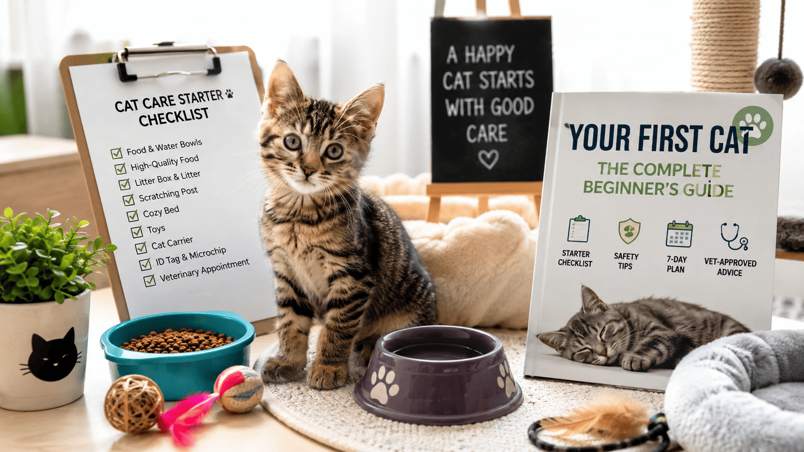 A first-time cat owner's setup featuring a young tabby kitten with food and water bowls, toys, a scratching post, a cozy bed, and essential cat care supplies in a bright home environment.