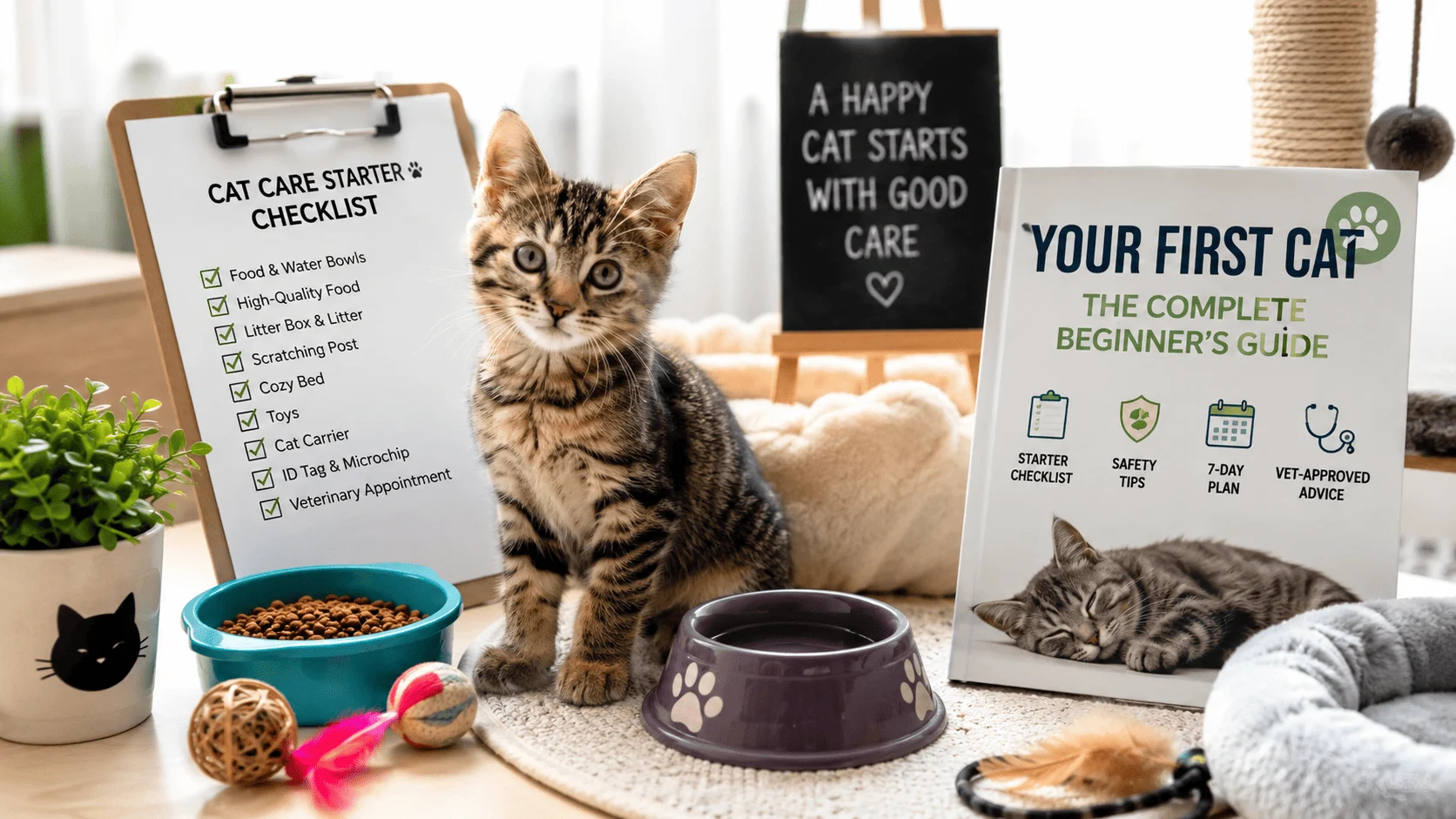 A first-time cat owner's setup featuring a young tabby kitten with food and water bowls, toys, a scratching post, a cozy bed, and essential cat care supplies in a bright home environment.