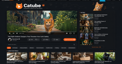 Catube video page design for MeowKats featuring a large cat video player, recommended videos, categories, search bar, and latest cat videos.