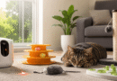 A tabby cat playing with an automated laser toy, puzzle feeder, and interactive toys on a living room rug while the owner is at work