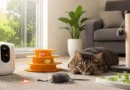 A tabby cat playing with an automated laser toy, puzzle feeder, and interactive toys on a living room rug while the owner is at work