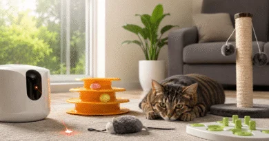A tabby cat playing with an automated laser toy, puzzle feeder, and interactive toys on a living room rug while the owner is at work