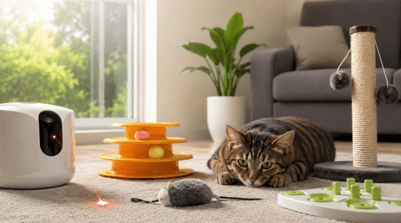 A tabby cat playing with an automated laser toy, puzzle feeder, and interactive toys on a living room rug while the owner is at work