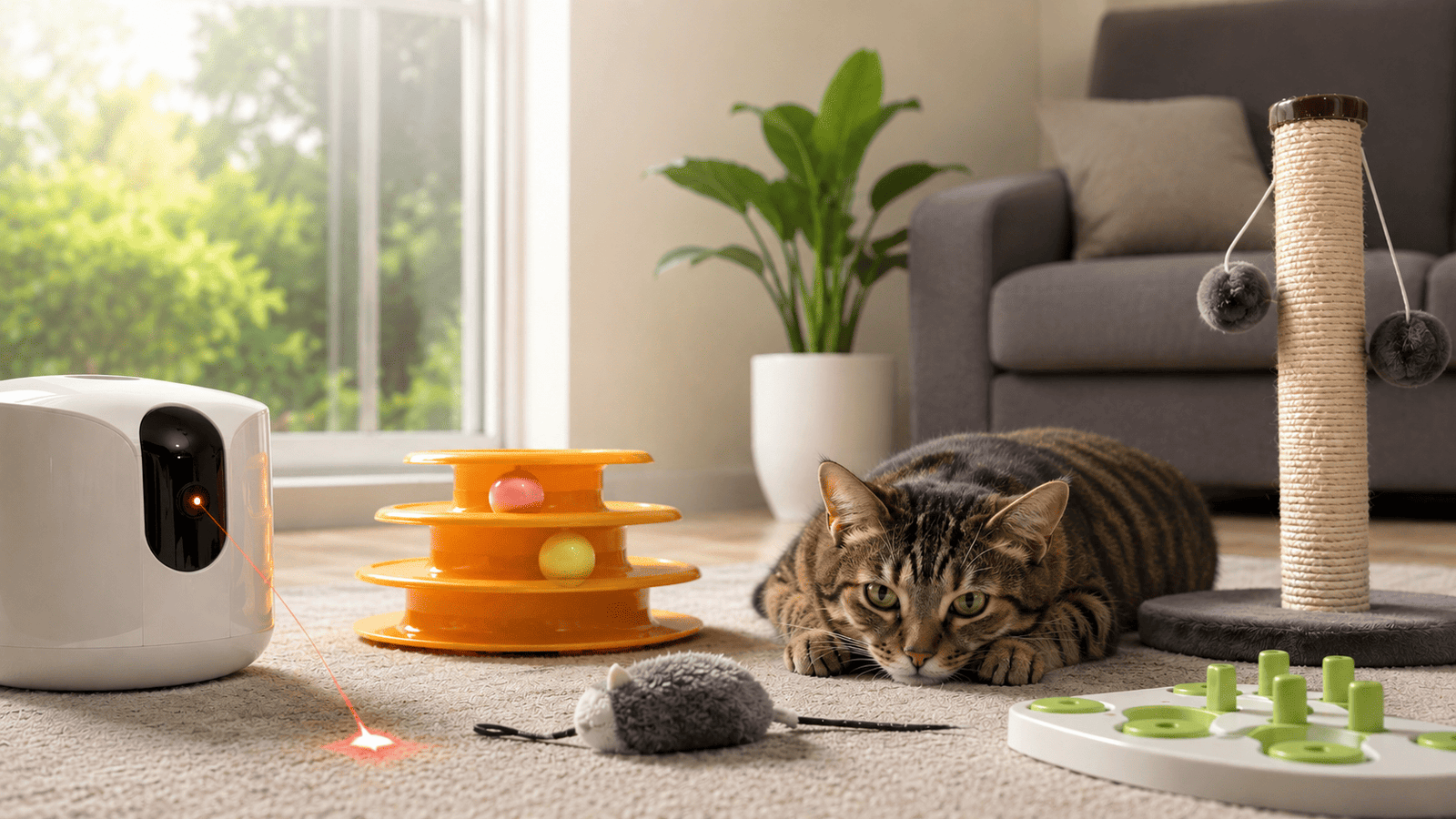 A tabby cat playing with an automated laser toy, puzzle feeder, and interactive toys on a living room rug while the owner is at work