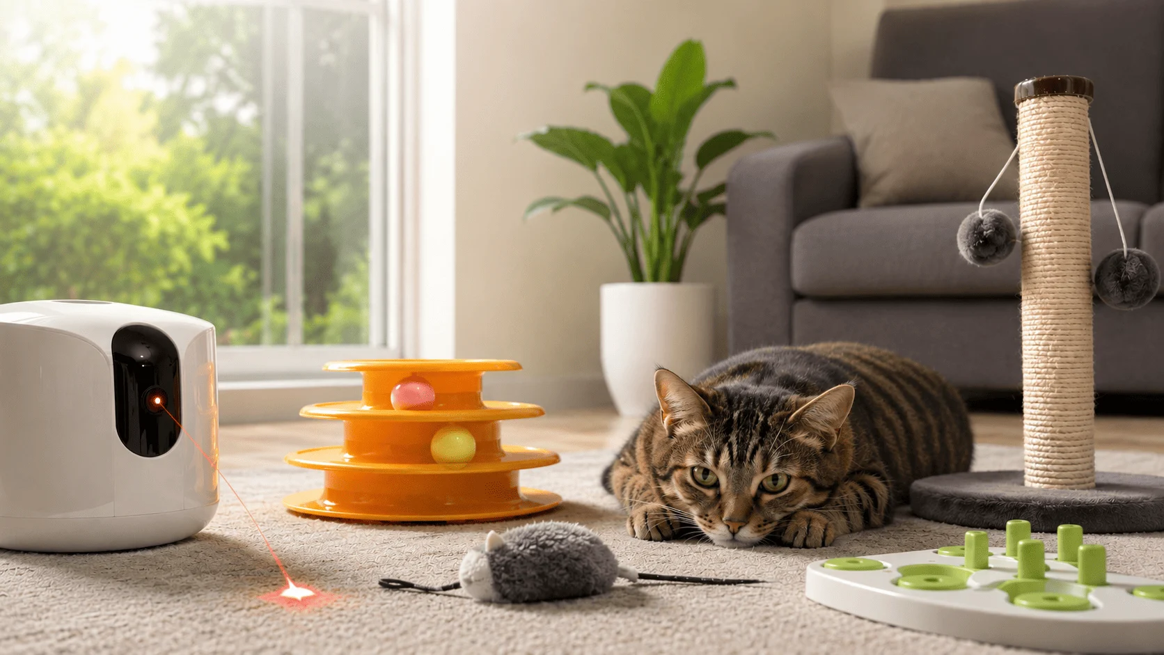 A tabby cat playing with an automated laser toy, puzzle feeder, and interactive toys on a living room rug while the owner is at work