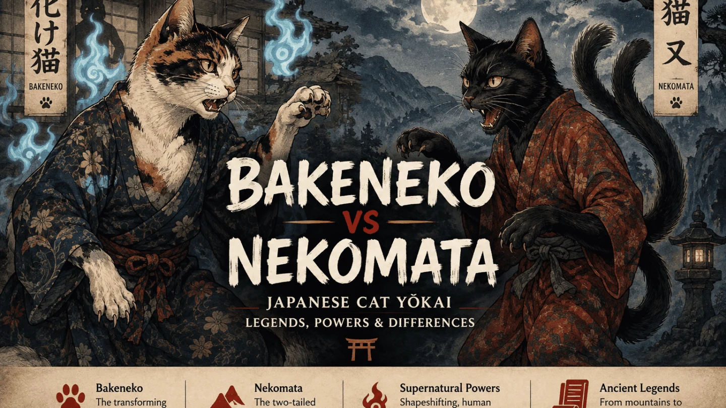 Illustration of Bakeneko and two-tailed Nekomata from Japanese folklore facing each other in a traditional moonlit Japanese setting.