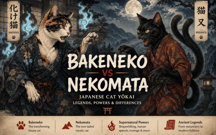 Illustration of Bakeneko and two-tailed Nekomata from Japanese folklore facing each other in a traditional moonlit Japanese setting.