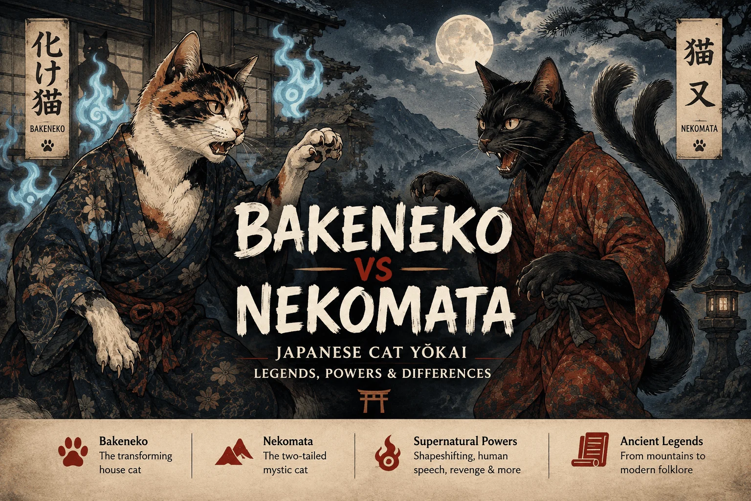 Illustration of Bakeneko and two-tailed Nekomata from Japanese folklore facing each other in a traditional moonlit Japanese setting.