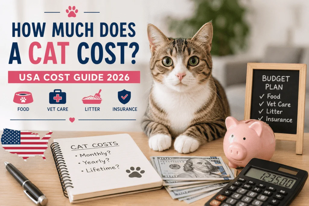 abby cat with budgeting items illustrating the monthly, yearly, and lifetime cost of owning a cat in the USA in 2026.