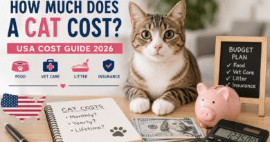 abby cat with budgeting items illustrating the monthly, yearly, and lifetime cost of owning a cat in the USA in 2026.