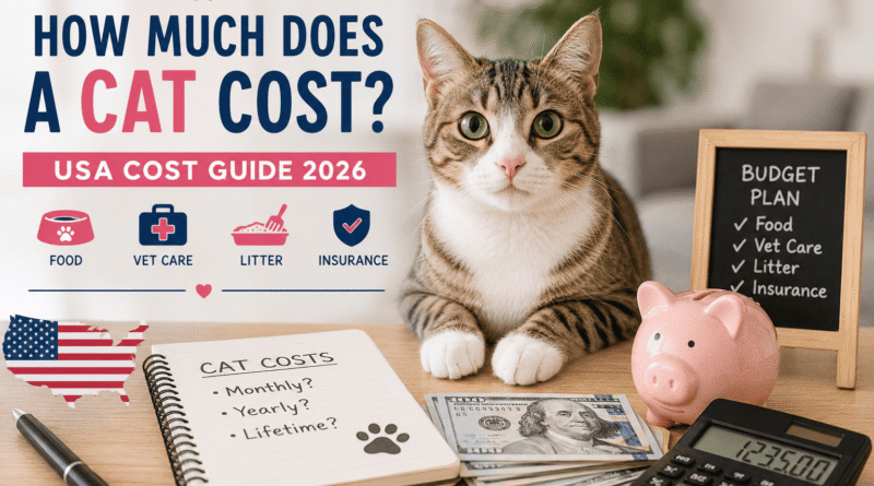 abby cat with budgeting items illustrating the monthly, yearly, and lifetime cost of owning a cat in the USA in 2026.