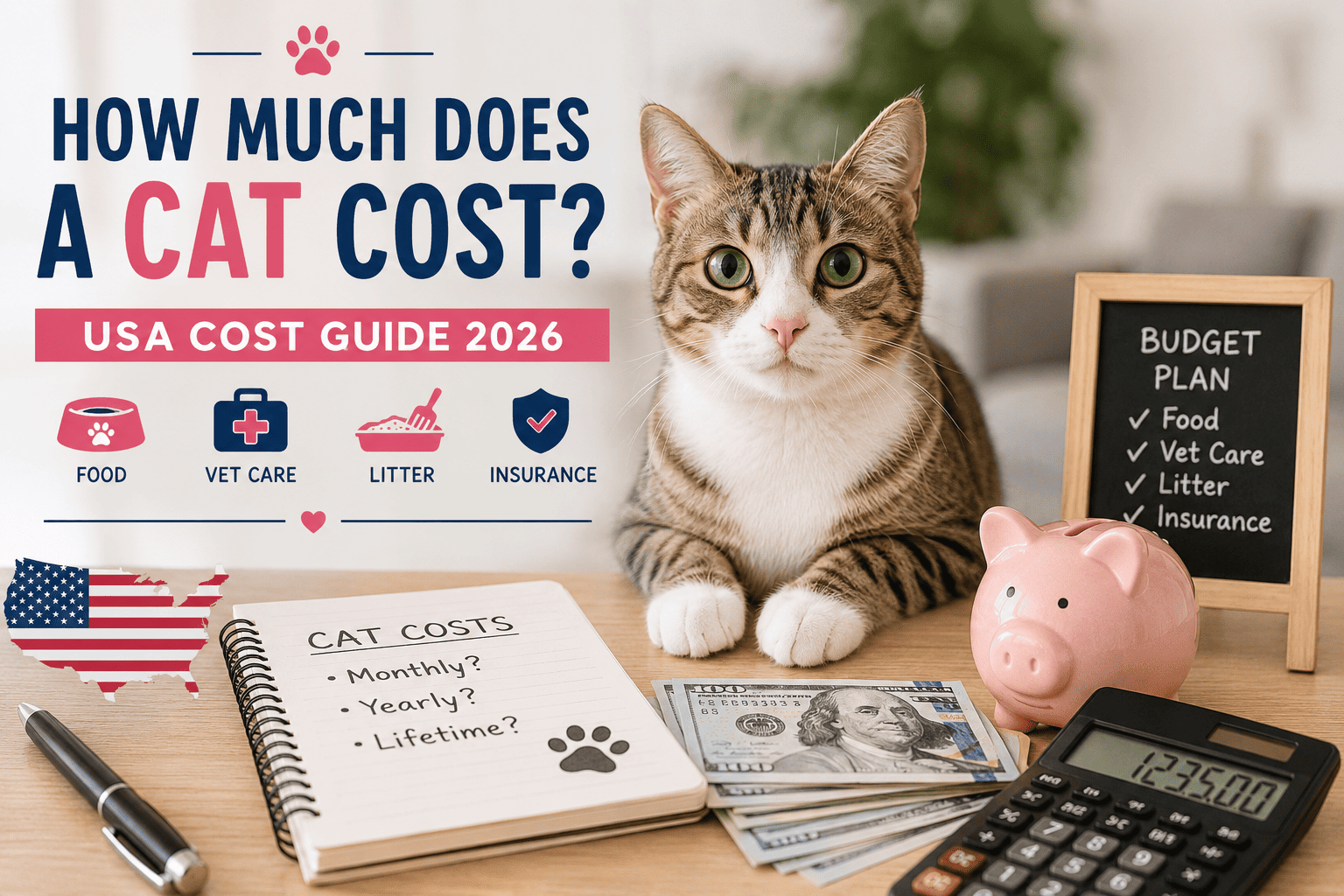 abby cat with budgeting items illustrating the monthly, yearly, and lifetime cost of owning a cat in the USA in 2026.