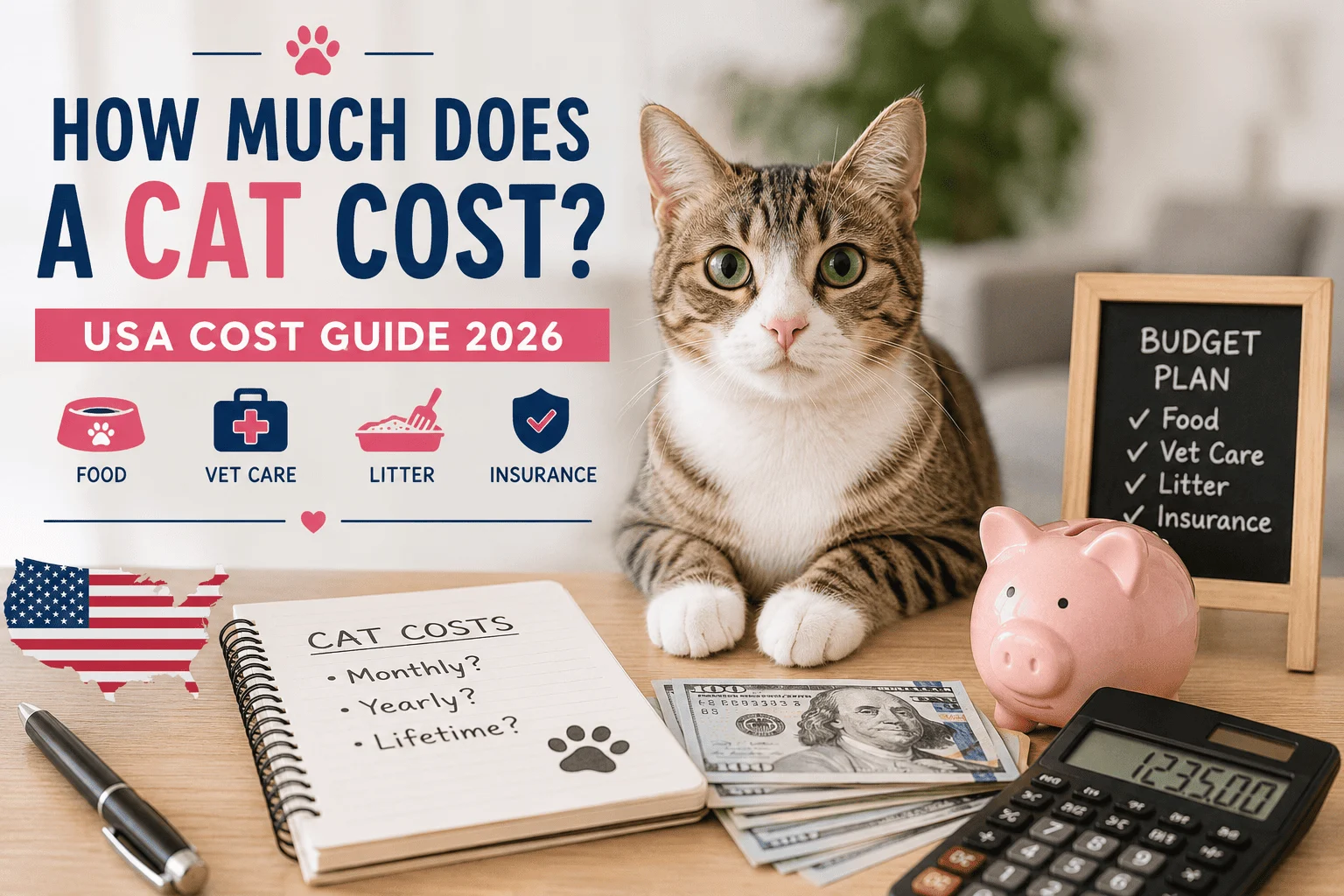 abby cat with budgeting items illustrating the monthly, yearly, and lifetime cost of owning a cat in the USA in 2026.