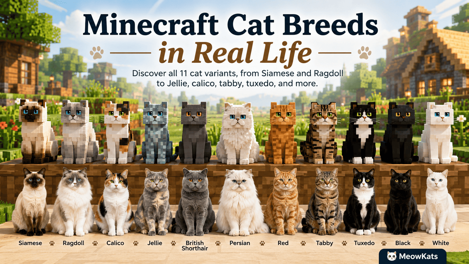 Minecraft cat breeds in real life featuring all 11 cat variants including Siamese, Ragdoll, Jellie, calico, tabby, tuxedo, Persian, British Shorthair, black, red, and white cats.