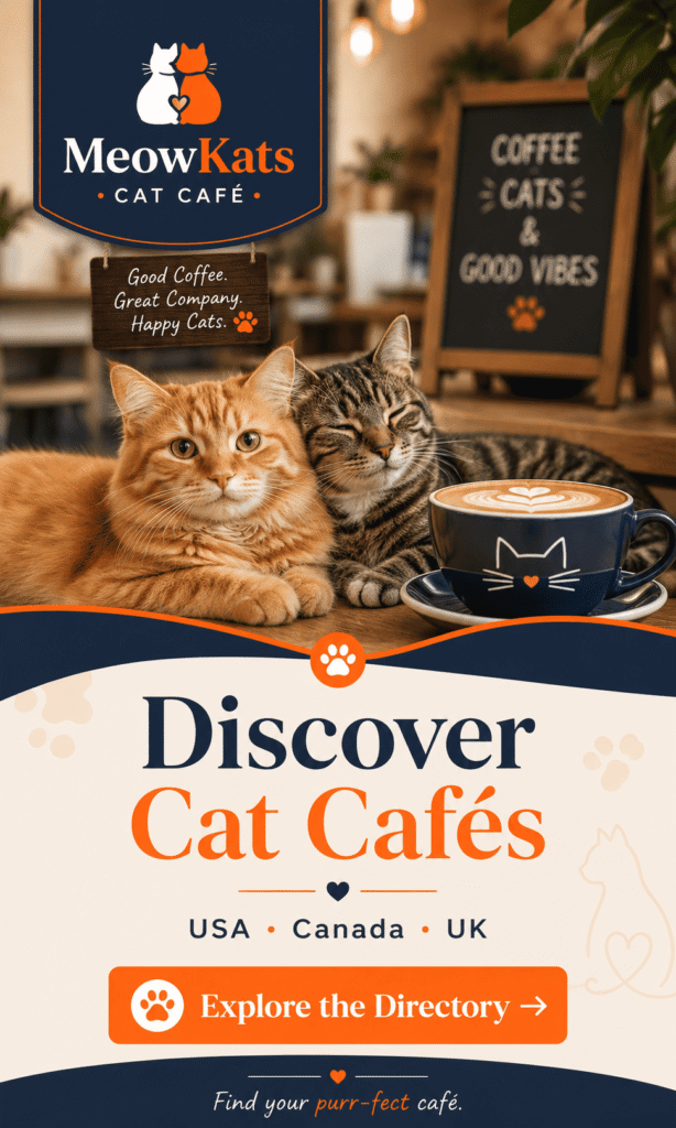 MeowKats Cat Café Directory banner featuring two cats, coffee, and a call to explore cat cafés in the USA, Canada, and UK.