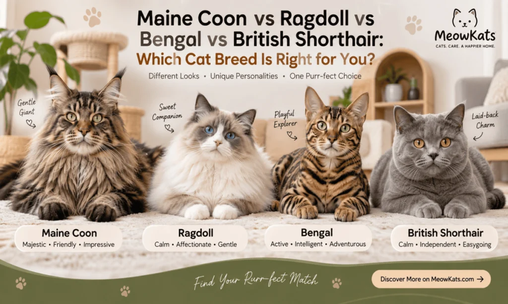 Maine Coon, Ragdoll, Bengal, and British Shorthair cats shown together in a breed comparison image.