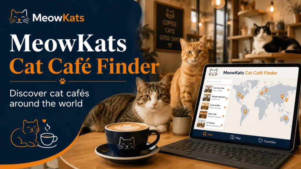 MeowKats Cat Café Finder showing cats in a cozy café beside a world map of cat café locations