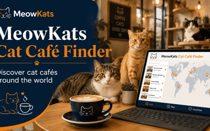 MeowKats Cat Café Finder showing cats in a cozy café beside a world map of cat café locations