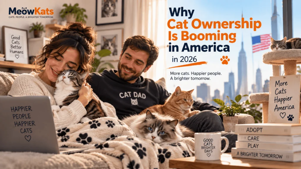 Young American cat owners relaxing at home with several cats, illustrating the rise of cat ownership in America in 2026.