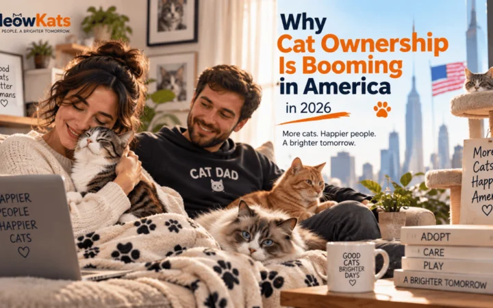 Young American cat owners relaxing at home with several cats, illustrating the rise of cat ownership in America in 2026.