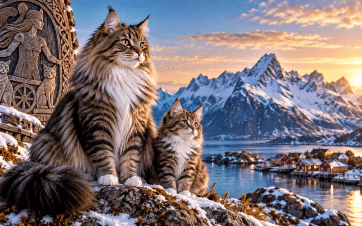 Two long-haired Norwegian Forest Cats overlooking a snowy Norwegian fjord and coastal village at sunset.