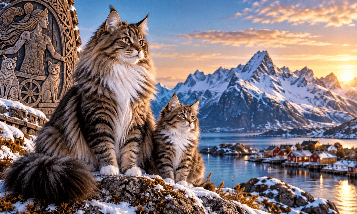 Two long-haired Norwegian Forest Cats overlooking a snowy Norwegian fjord and coastal village at sunset.