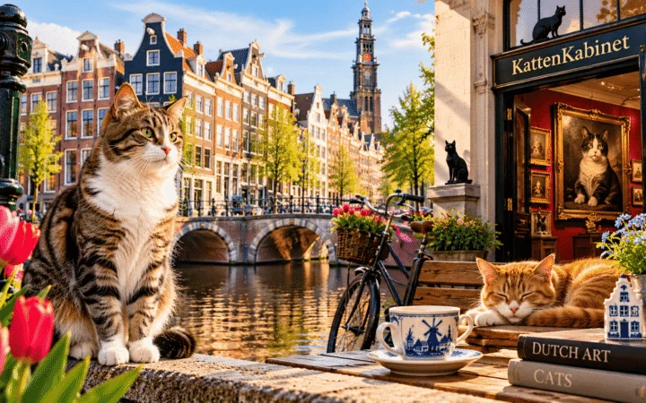 Cats surrounded by Dutch canal houses, tulips, and traditional architecture in Amsterdam, representing cat culture and lifestyle in the Netherlands.