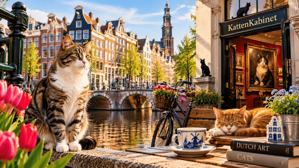 Cats surrounded by Dutch canal houses, tulips, and traditional architecture in Amsterdam, representing cat culture and lifestyle in the Netherlands.