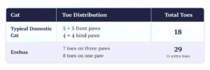 Table comparing a typical domestic cat with Erebus, showing 18 toes for a normal cat and 29 toes for Erebus.