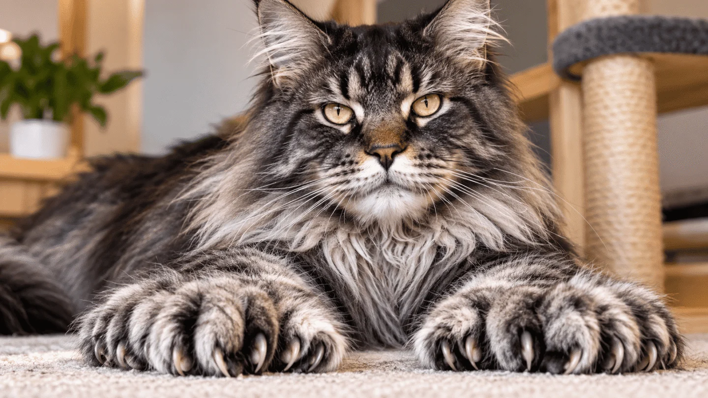 Close-up of a Maine Coon cat with unusually large polydactyl paws, illustrating Erebus, the world-record cat with 29 toes.