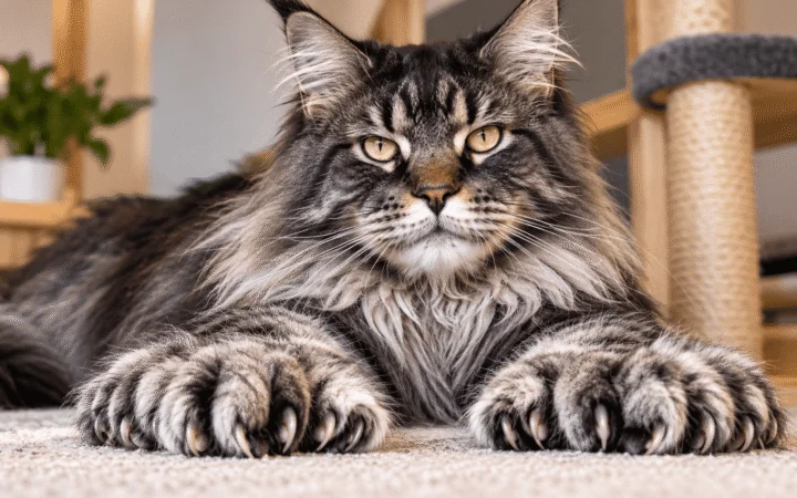 Close-up of a Maine Coon cat with unusually large polydactyl paws, illustrating Erebus, the world-record cat with 29 toes.
