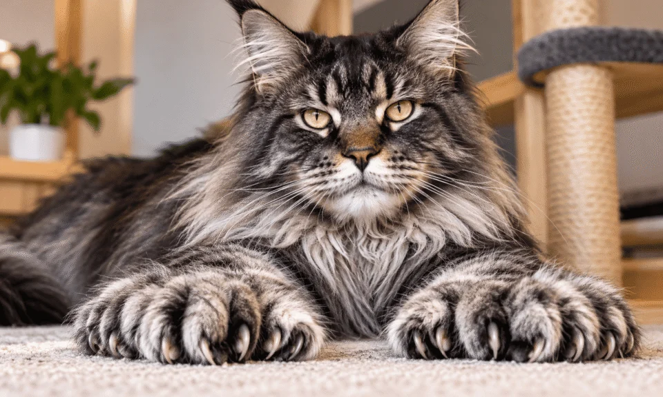 Close-up of a Maine Coon cat with unusually large polydactyl paws, illustrating Erebus, the world-record cat with 29 toes.