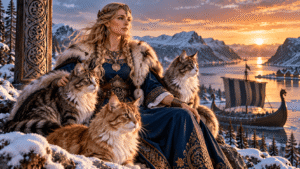 Freyja in traditional Norse-inspired clothing surrounded by long-haired cats beside a Viking ship in a snowy Nordic landscape.